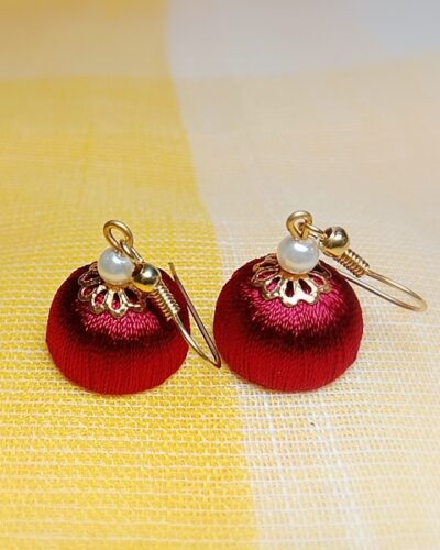 Maroon Silk Thread Small Size Jhumkas with Golden Acrylic Cap