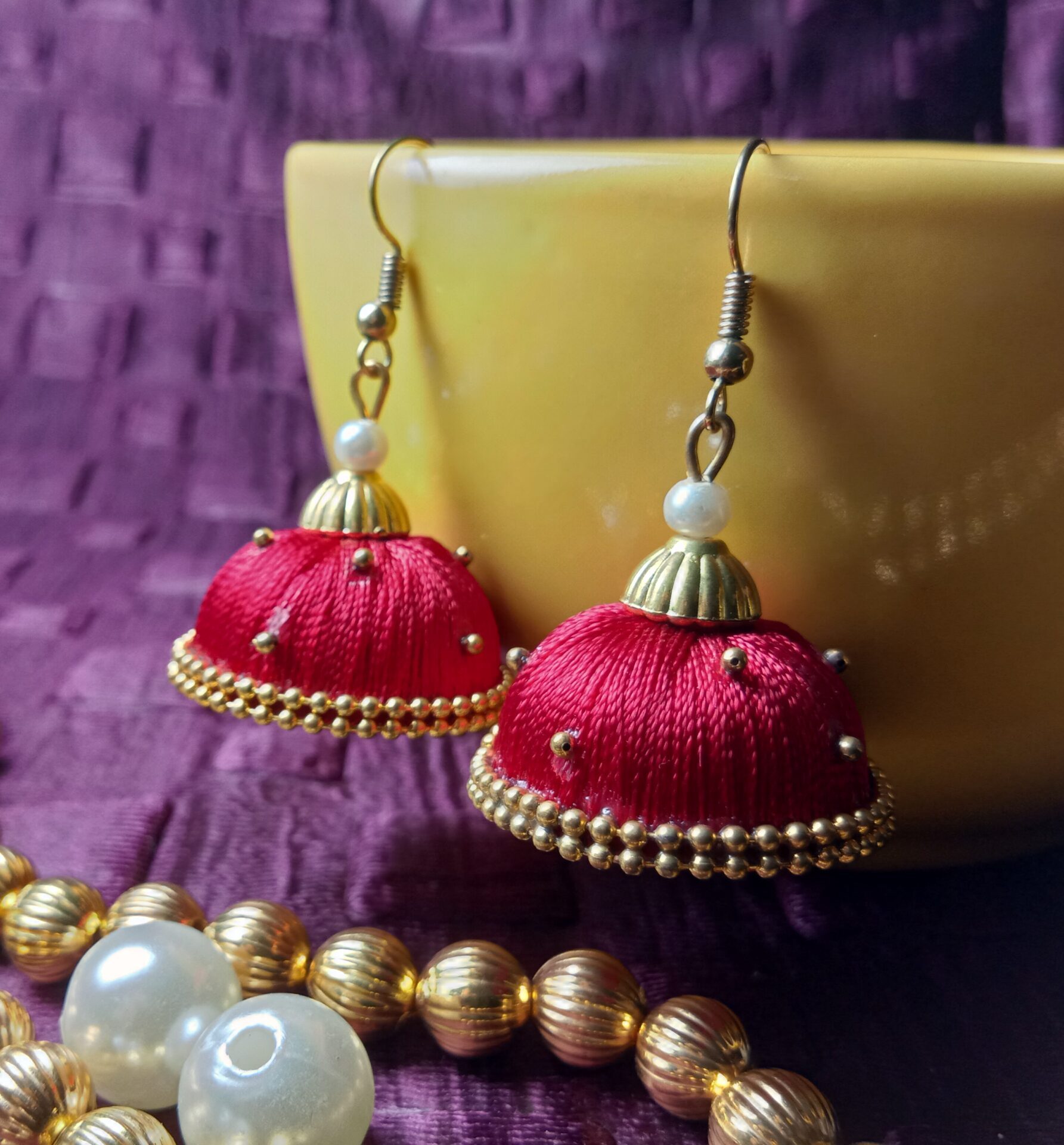 Red Silk Thread Medium Size Jhumkas With Double Golden Lace with Gold dots