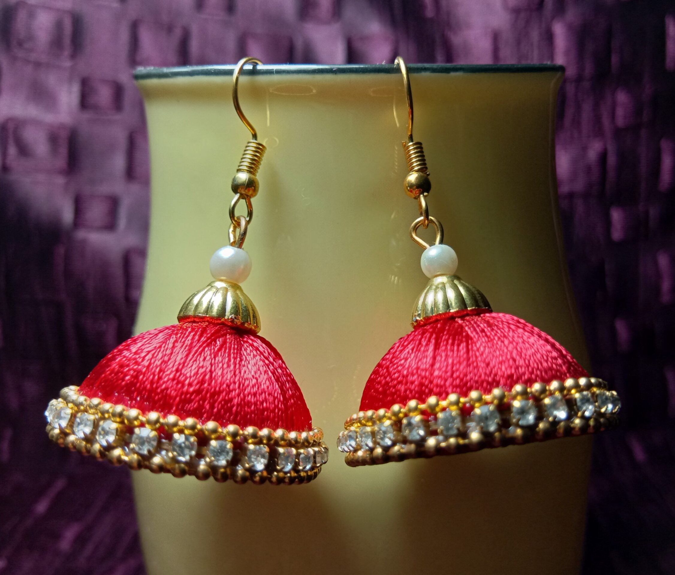 Red Silk Thread Medium Size Jhumkas With Diamond Lace & Double Golden Lace