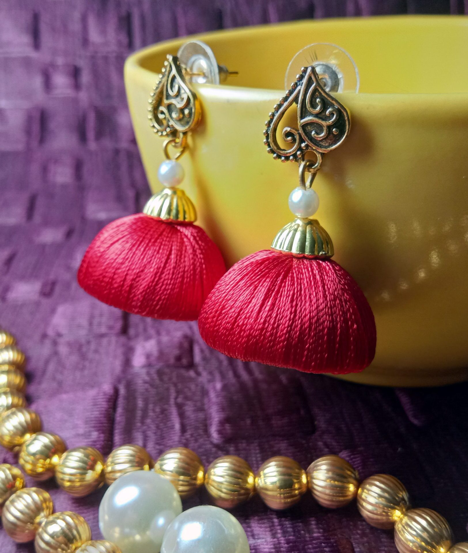 Red Silk Thread Medium Size Jhumkas With Metal Heart Shape Brass Stud