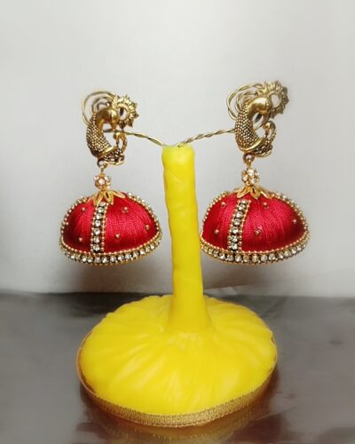 Red Partyware Designer Heavy Silk Thread Big Size Jhumkas With Diamond & Golden Lace With Peacock Metal Stud