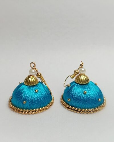Firozi (Blue) Silk Thread Medium Size Jhumkas With Double Golden Lace with Gold dots