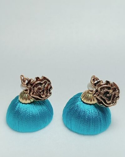 Firozi (Blue) Silk Thread Medium Size Jhumkas With Metal Rose Flower Shape Brass Stud
