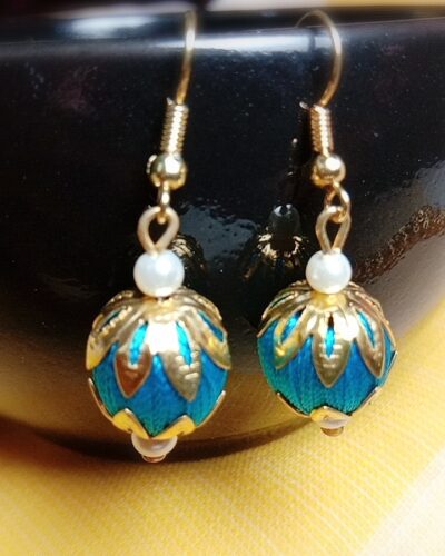 Firozi (Blue) Silk Thread Small Size dangle bead earing with big metal cap (Kundal)