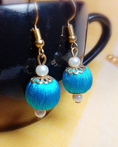 Firozi (Blue) Silk Thread Small Size dangle bead earing with metal cap (Kundal)
