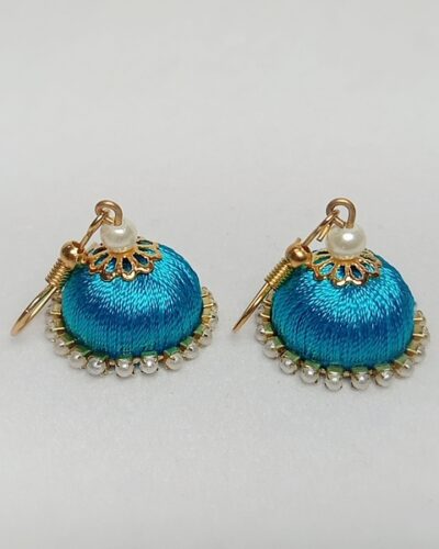 Firozi (Blue) Silk Thread Small Size Jhumkas with Pearl Lace