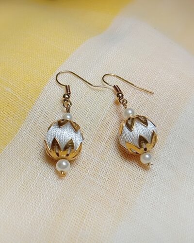White Silk Thread Small Size dangle bead earing with big metal cap (Kundal)