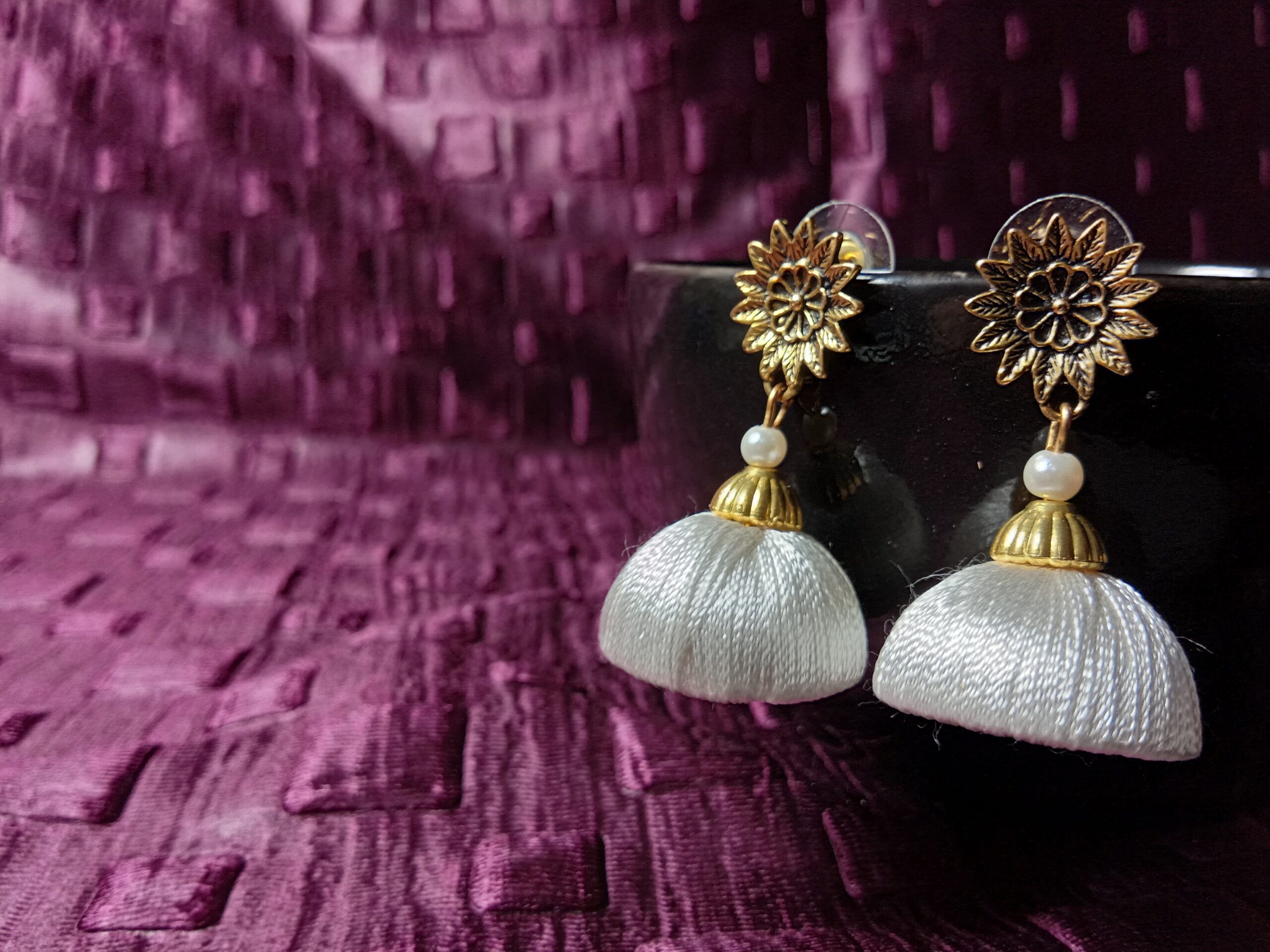 Jhumka Earrings White Thread Earrings White Silk Thread Medium