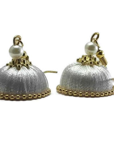 White Silk Thread Small Size Jhumkas With Golden Lace