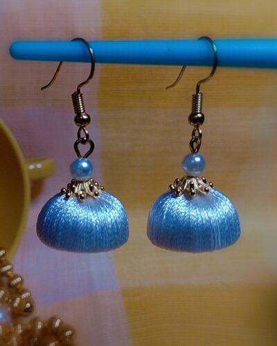 White Silk Thread Small Size Jhumkas with Golden Acrylic Cap