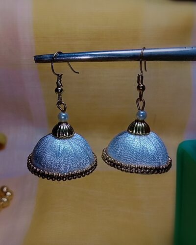 White Thread Medium Size Jhumkas With Double Golden Lace