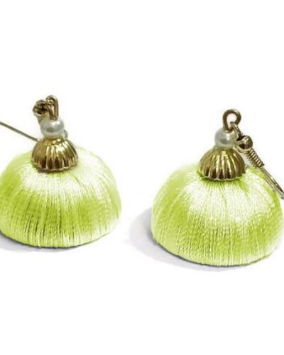 Yellow Silk Thread Medium Size Jhumkas with Golden Acrylic Cap
