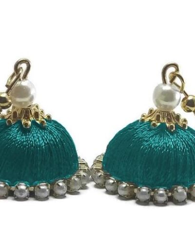 Peacock Green Silk Thread Small Size Jhumkas Pearl Lace