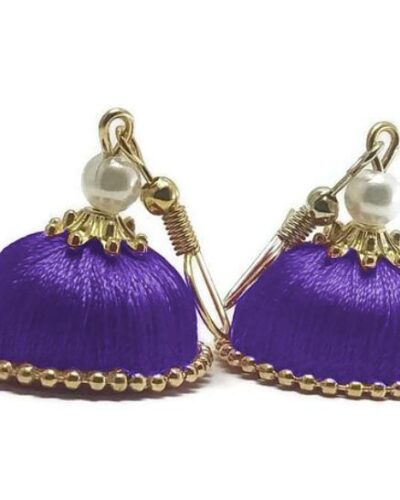 Purple Silk Thread Small Size Jhumkas With Golden Lace