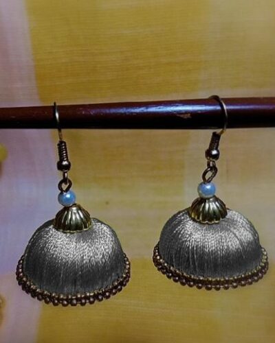 Grey Silk Thread Medium Size Jhumkas With Double Golden Lace
