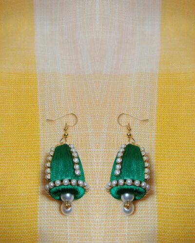 Green Silk Thread Cone Shape Jhumka with Pearl and Pearl Lace