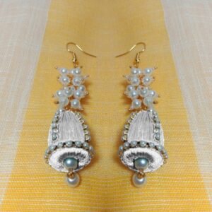 White Silk Thread Cone Shape Jhumka with Pearl Loreal Bunch and Pearl Lace