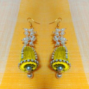Yellow Silk Thread Cone Shape Jhumka with Pearl Loreal Bunch and Pearl Lace