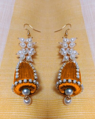 Orange Silk Thread Cone Shape Jhumka with Pearl Loreal Bunch and Pearl Lace