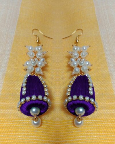 Purple Silk Thread Cone Shape Jhumka with Pearl Loreal Bunch and Pearl Lace