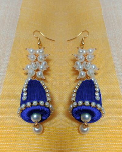 Blue Silk Thread Cone Shape Jhumka with Pearl Loreal Bunch and Pearl Lace