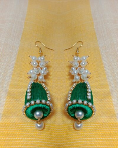 Green Silk Thread Cone Shape Jhumka with Pearl Loreal Bunch and Pearl Lace