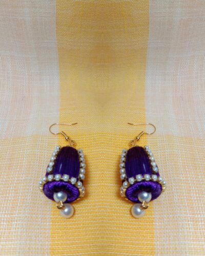 Purple Silk Thread Cone Shape Jhumka with Pearl and Pearl Lace