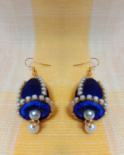 Blue Silk Thread Cone Shape Jhumka with Pearl and Pearl Lace