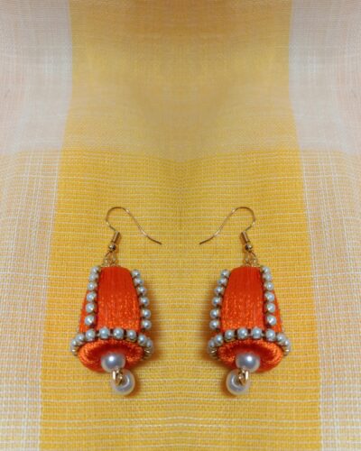 Orange Silk Thread Cone Shape Jhumka with Pearl and Pearl Lace